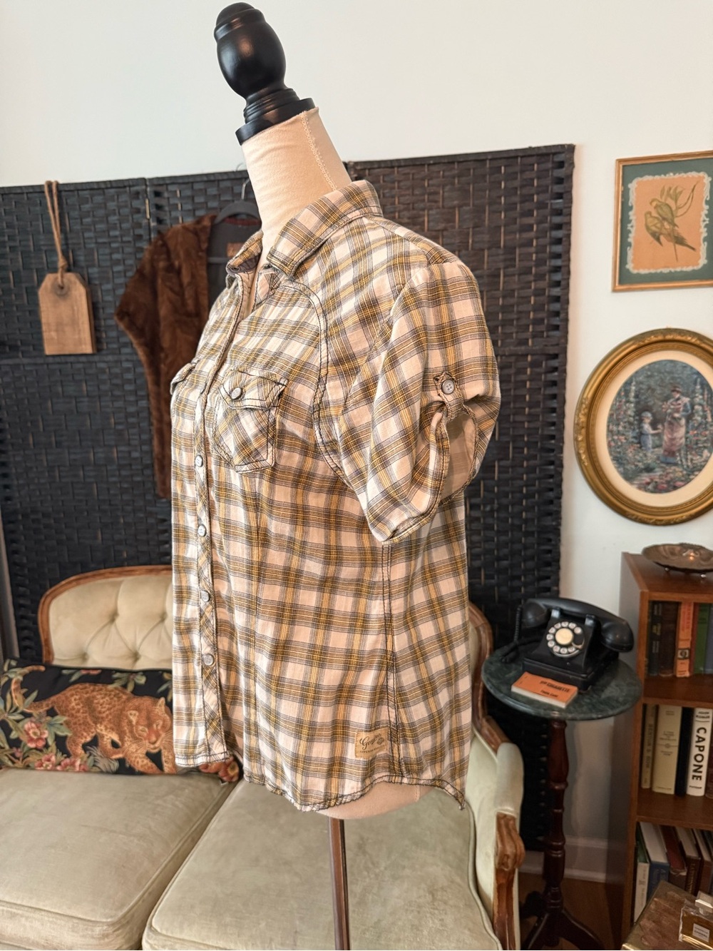 🏍️ Harley-Davidson Plaid Snap Button Women's Shirt Large Winged Back Logo Sz L - Picture 9 of 15